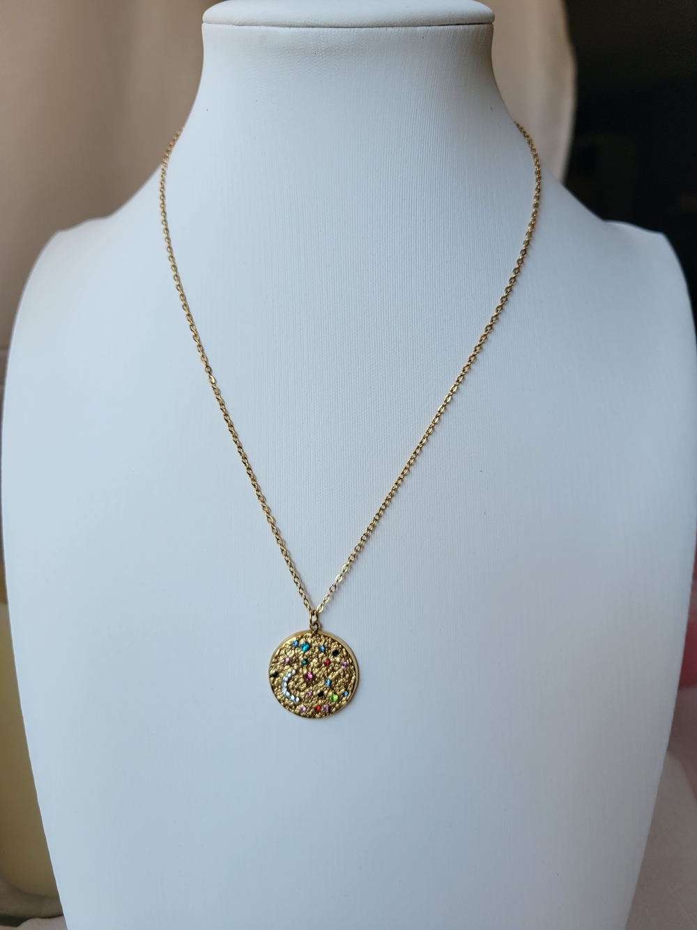Gold Pendant Necklace with Multicolor Gem Accents